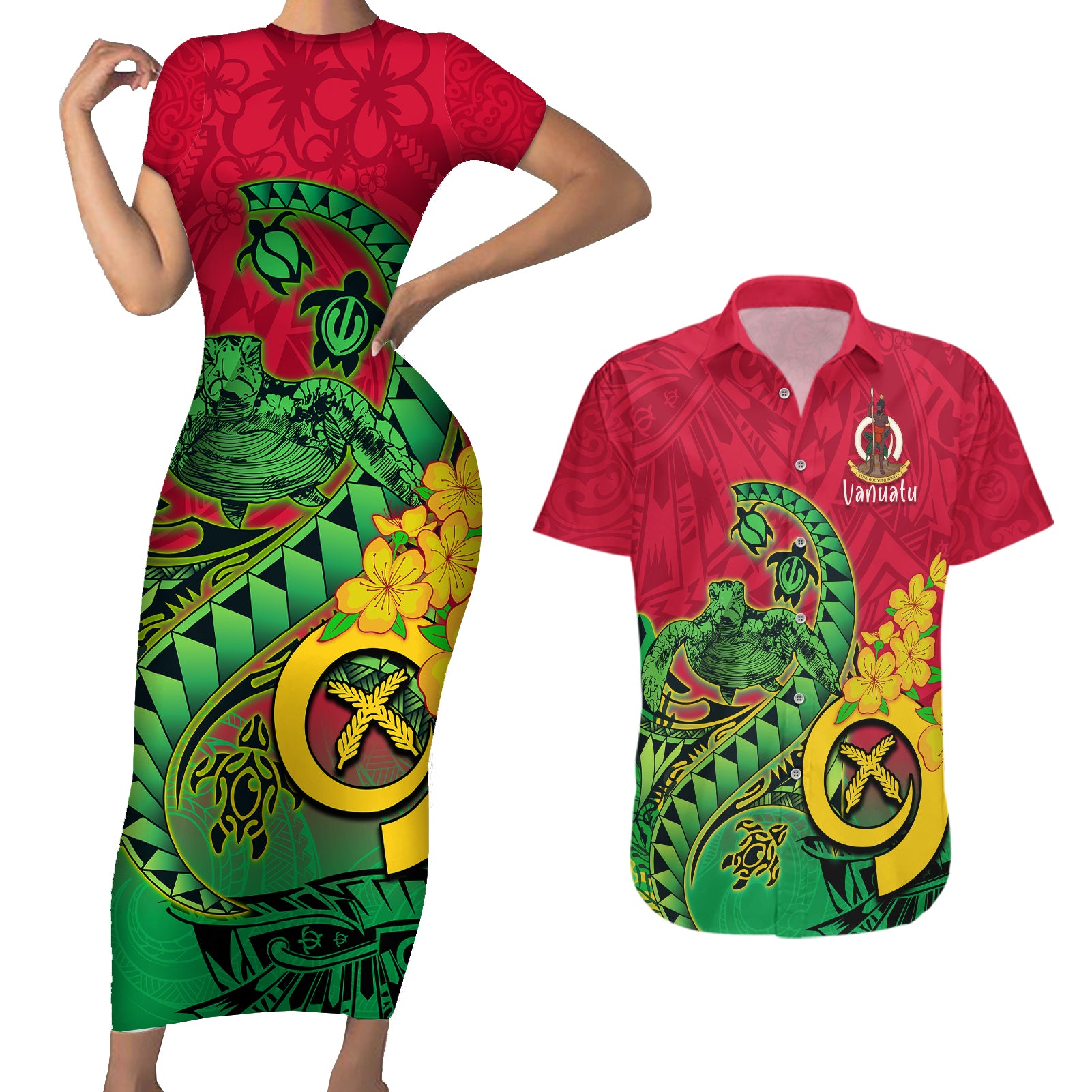 Vanuatu Islands Couples Matching Short Sleeve Bodycon Dress and Hawaiian Shirt Polynesian Tattoo and Sea Turtle LT9 Green - Polynesian Pride