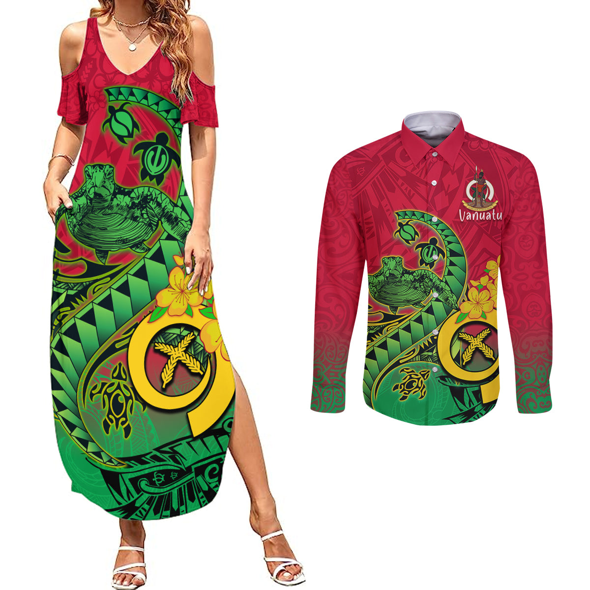 Vanuatu Islands Couples Matching Summer Maxi Dress and Long Sleeve Button Shirts Polynesian Tattoo and Sea Turtle LT9 Green - Polynesian Pride
