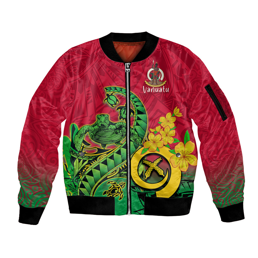 Personalised Vanuatu Islands Sleeve Zip Bomber Jacket Polynesian Tattoo and Sea Turtle LT9 Unisex Green - Polynesian Pride