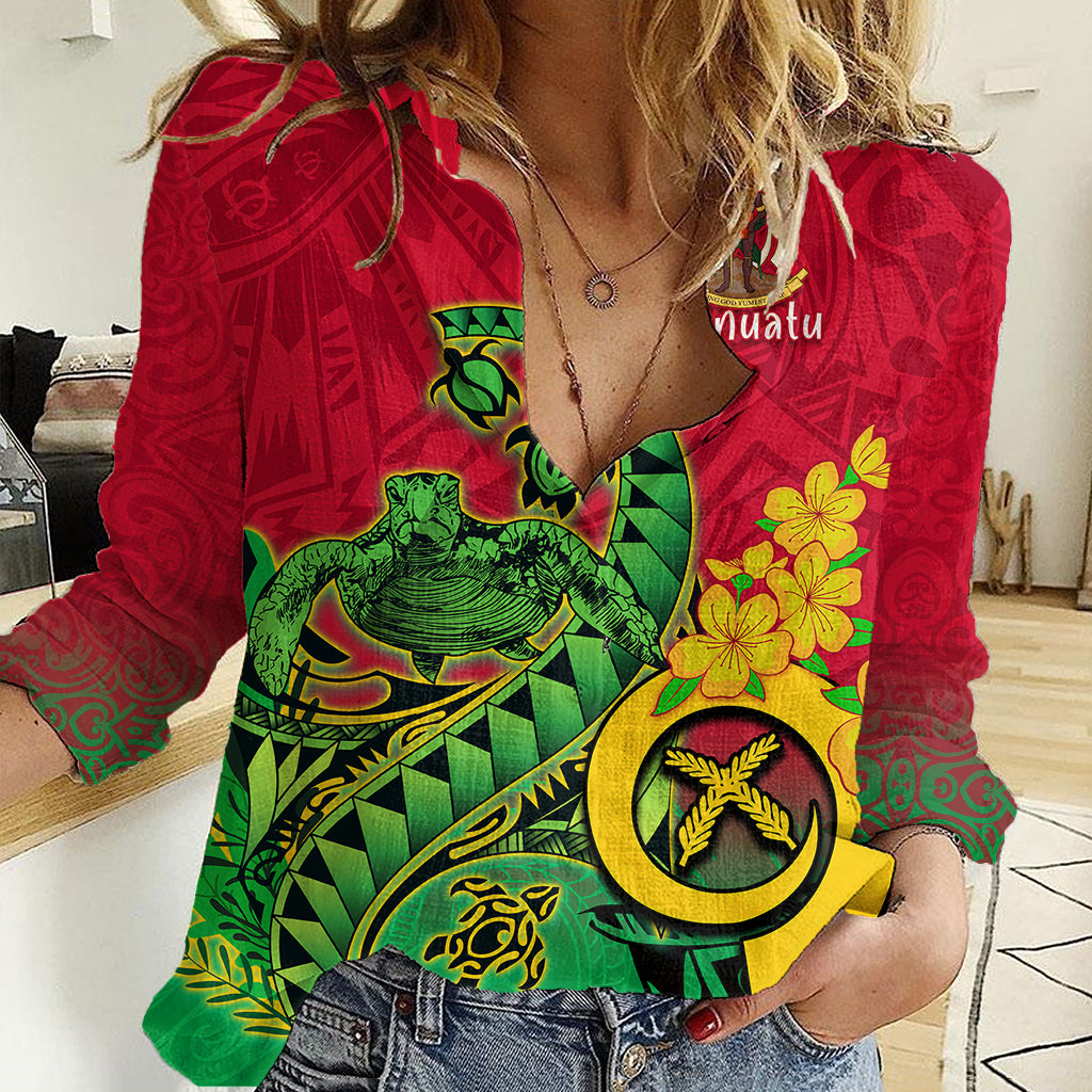 Personalised Vanuatu Islands Women Casual Shirt Polynesian Tattoo and Sea Turtle LT9 Female Green - Polynesian Pride