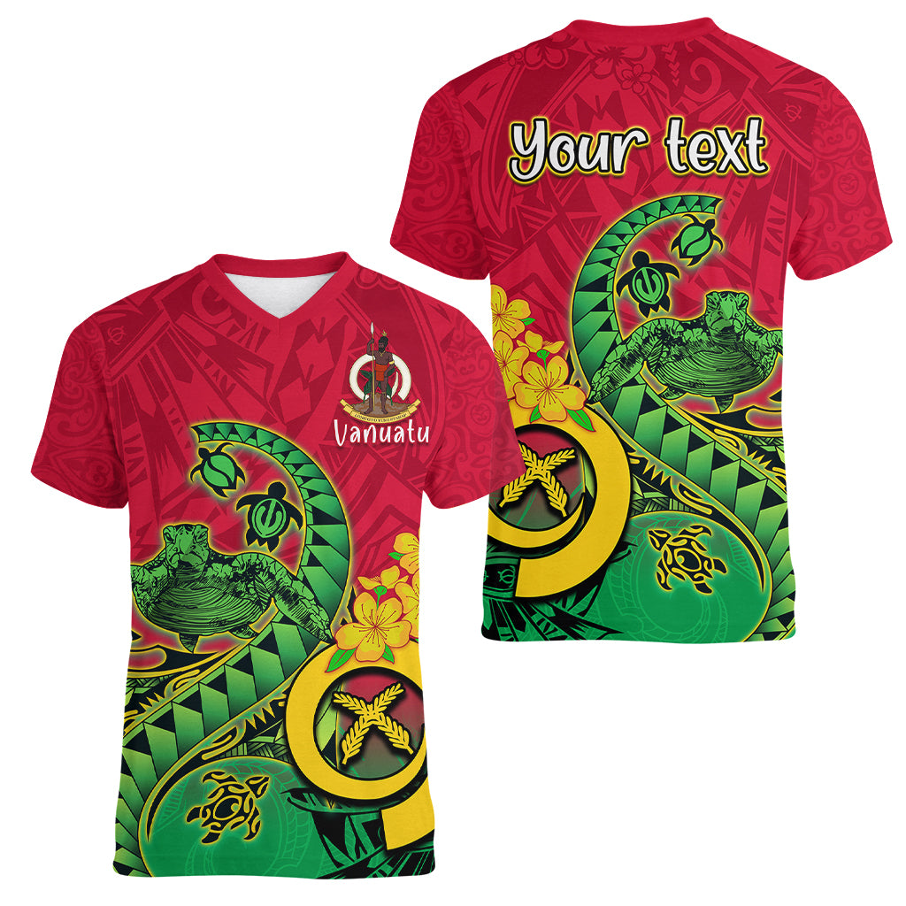Personalised Vanuatu Islands Women V Neck T Shirt Polynesian Tattoo and Sea Turtle LT9 - Polynesian Pride
