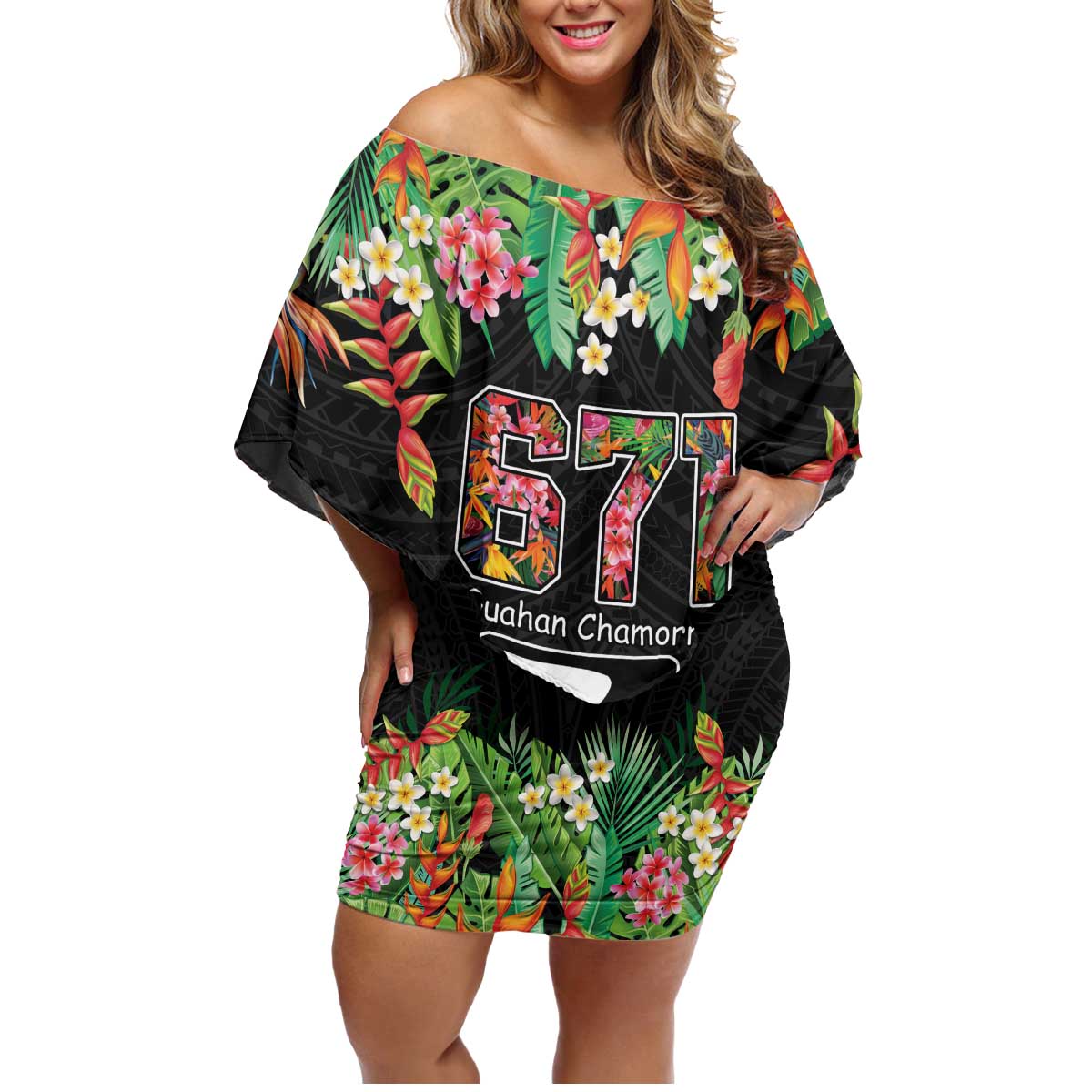 671 Guam Personalised Family Matching Off Shoulder Short Dress and Hawaiian Shirt Latte Stone and Tropical Flowers