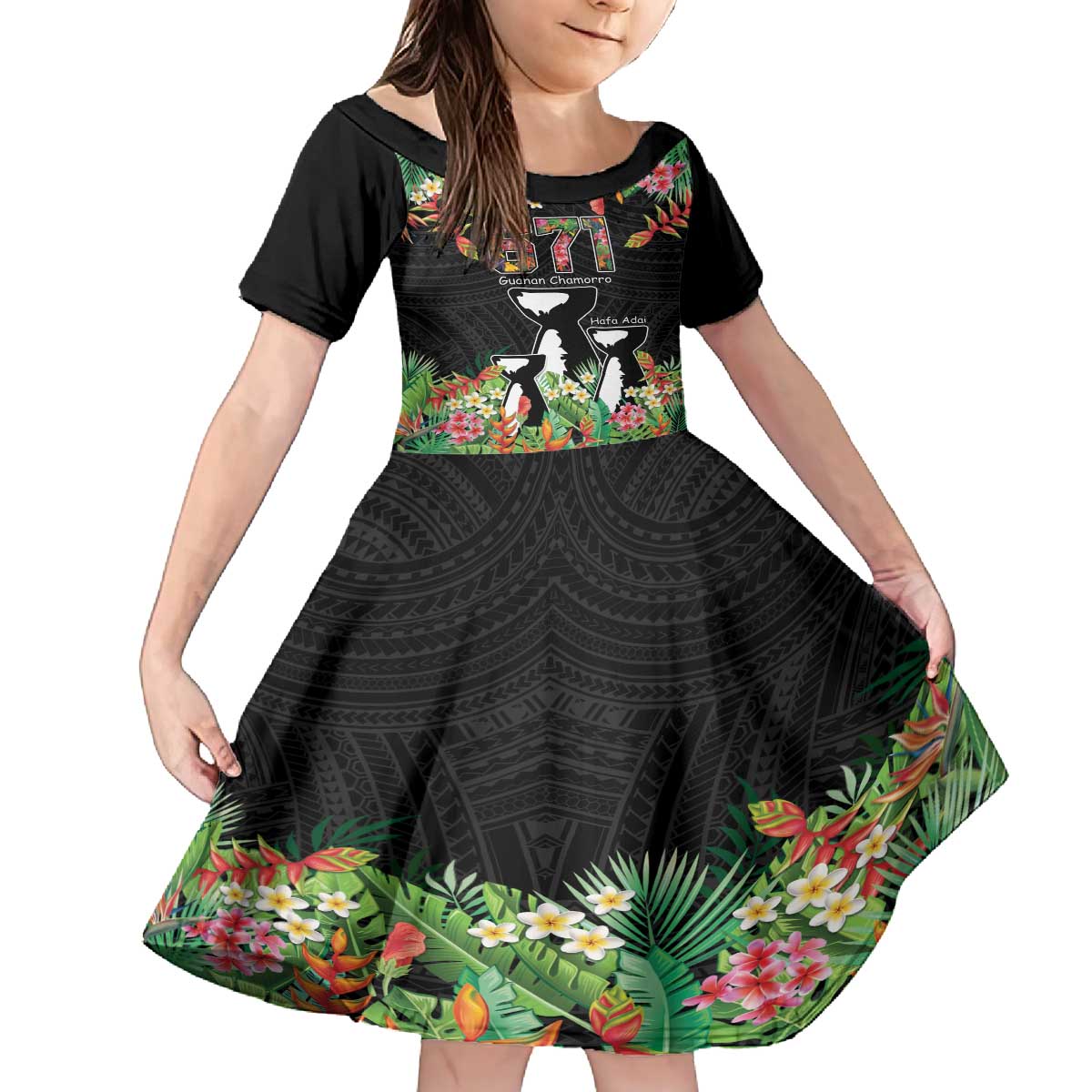 671 Guam Personalised Family Matching Puletasi and Hawaiian Shirt Latte Stone and Tropical Flowers LT9 Daughter's Dress Black - Polynesian Pride