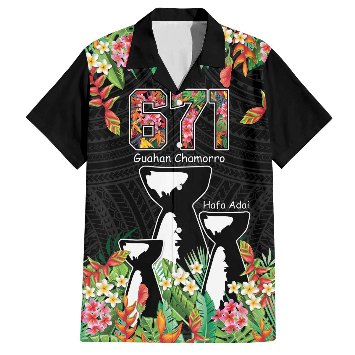 671 Guam Personalised Family Matching Puletasi and Hawaiian Shirt Latte Stone and Tropical Flowers LT9 Dad's Shirt - Short Sleeve Black - Polynesian Pride