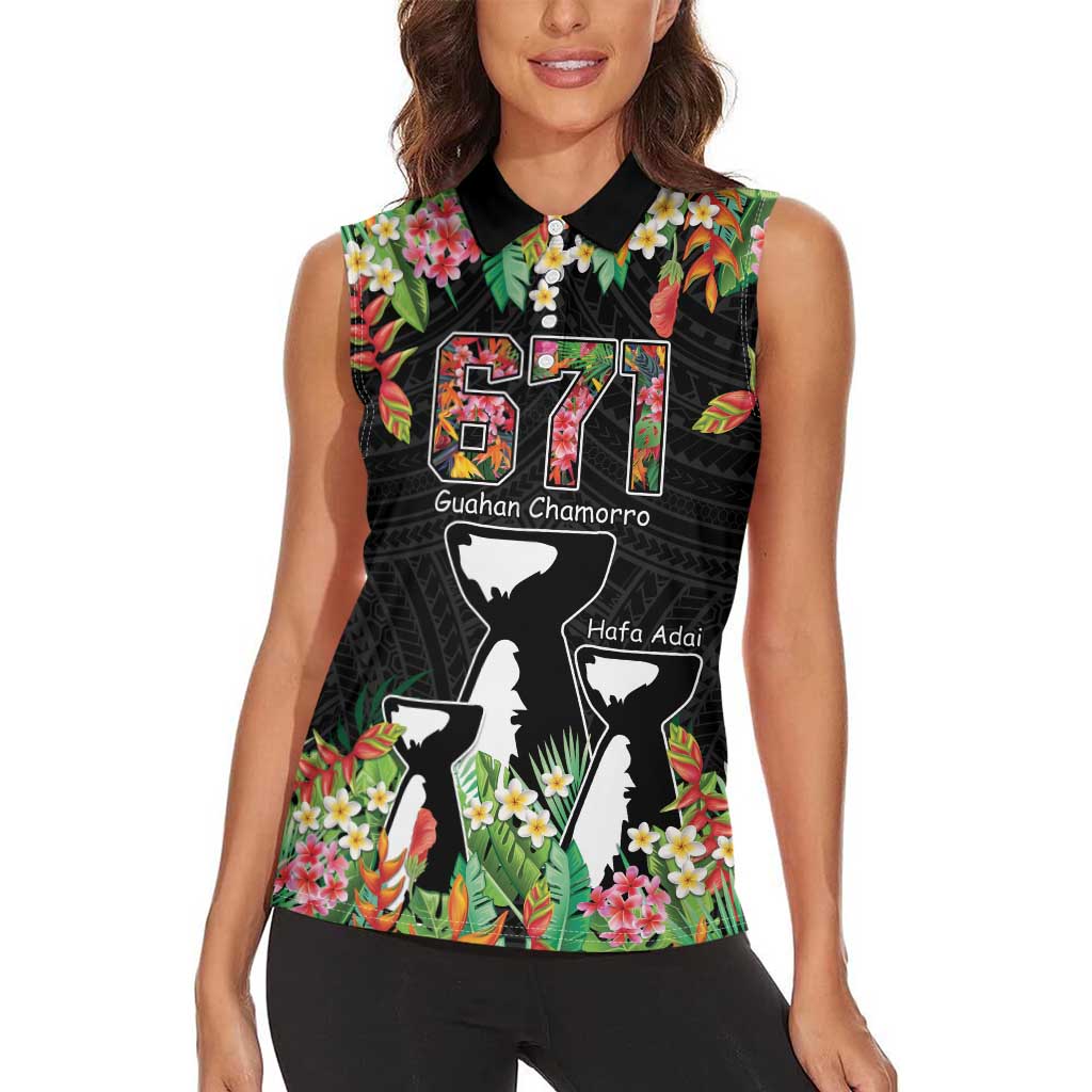 671 Guam Personalised Women Sleeveless Polo Shirt Latte Stone and Tropical Flowers