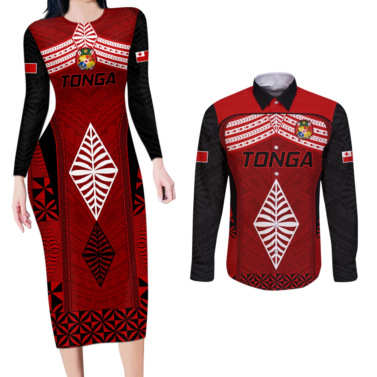 Tonga Rugby Couples Matching Long Sleeve Bodycon Dress and Long Sleeve Button Shirts Go Champions World Cup 2023 Ngatu Unique LT9 Red - Polynesian Pride