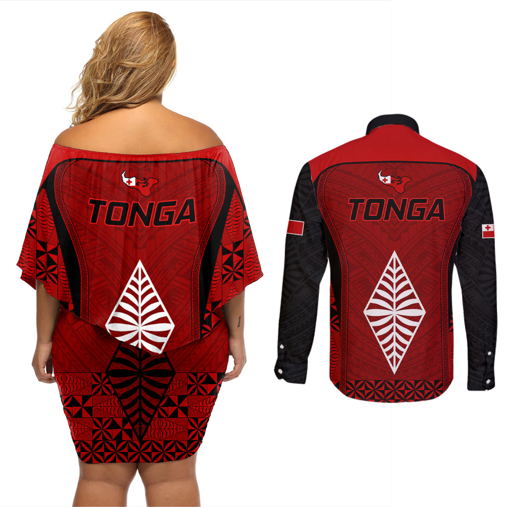 Tonga Rugby Couples Matching Off Shoulder Short Dress and Long Sleeve Button Shirts Go Champions World Cup 2023 Ngatu Unique LT9 - Polynesian Pride