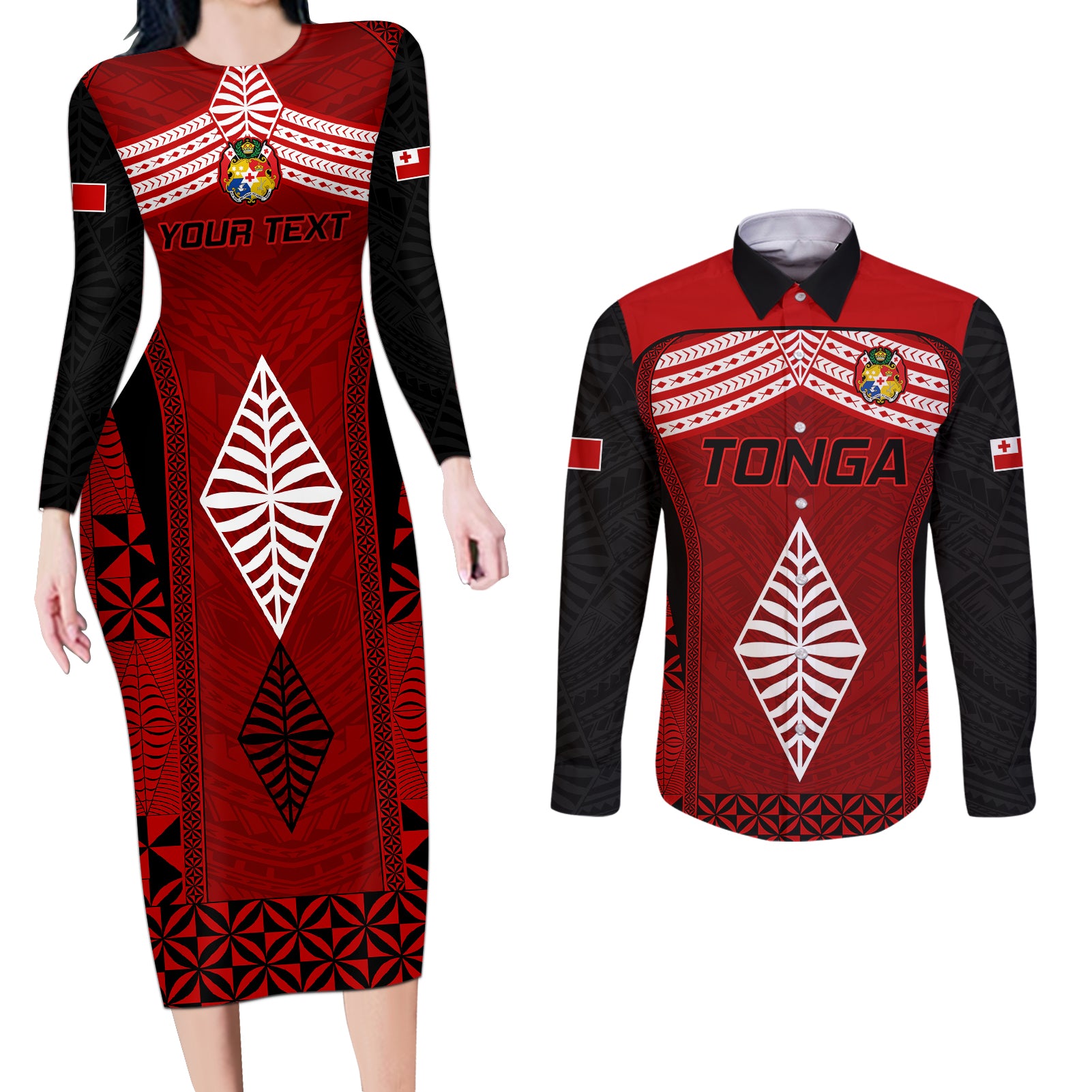 Custom Tonga Rugby Couples Matching Long Sleeve Bodycon Dress and Long Sleeve Button Shirts Go Champions World Cup 2023 Ngatu Unique LT9 Red - Polynesian Pride