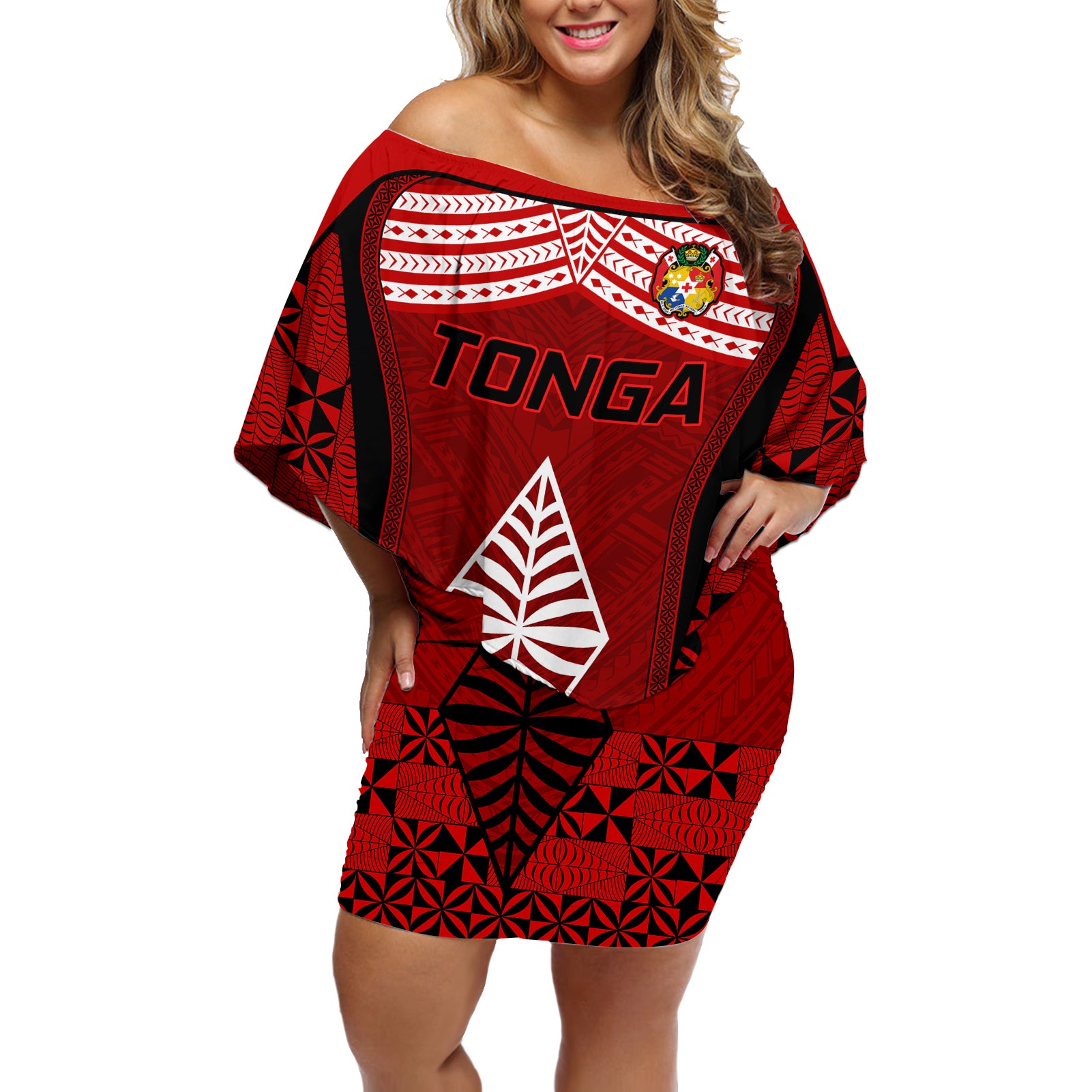 Custom Tonga Rugby Off Shoulder Short Dress Go Champions World Cup 2023 Ngatu Unique LT9 Women Red - Polynesian Pride