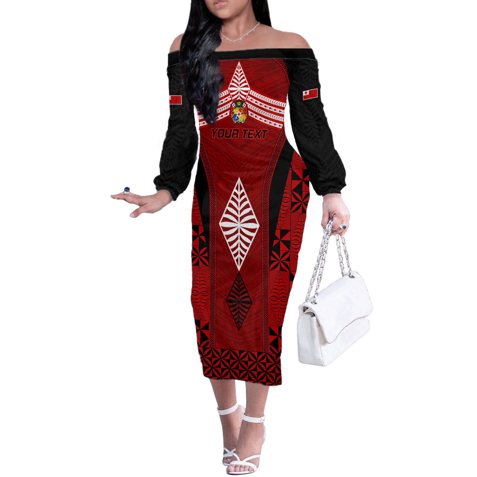 Custom Tonga Rugby Off The Shoulder Long Sleeve Dress Go Champions World Cup 2023 Ngatu Unique LT9 Women Red - Polynesian Pride