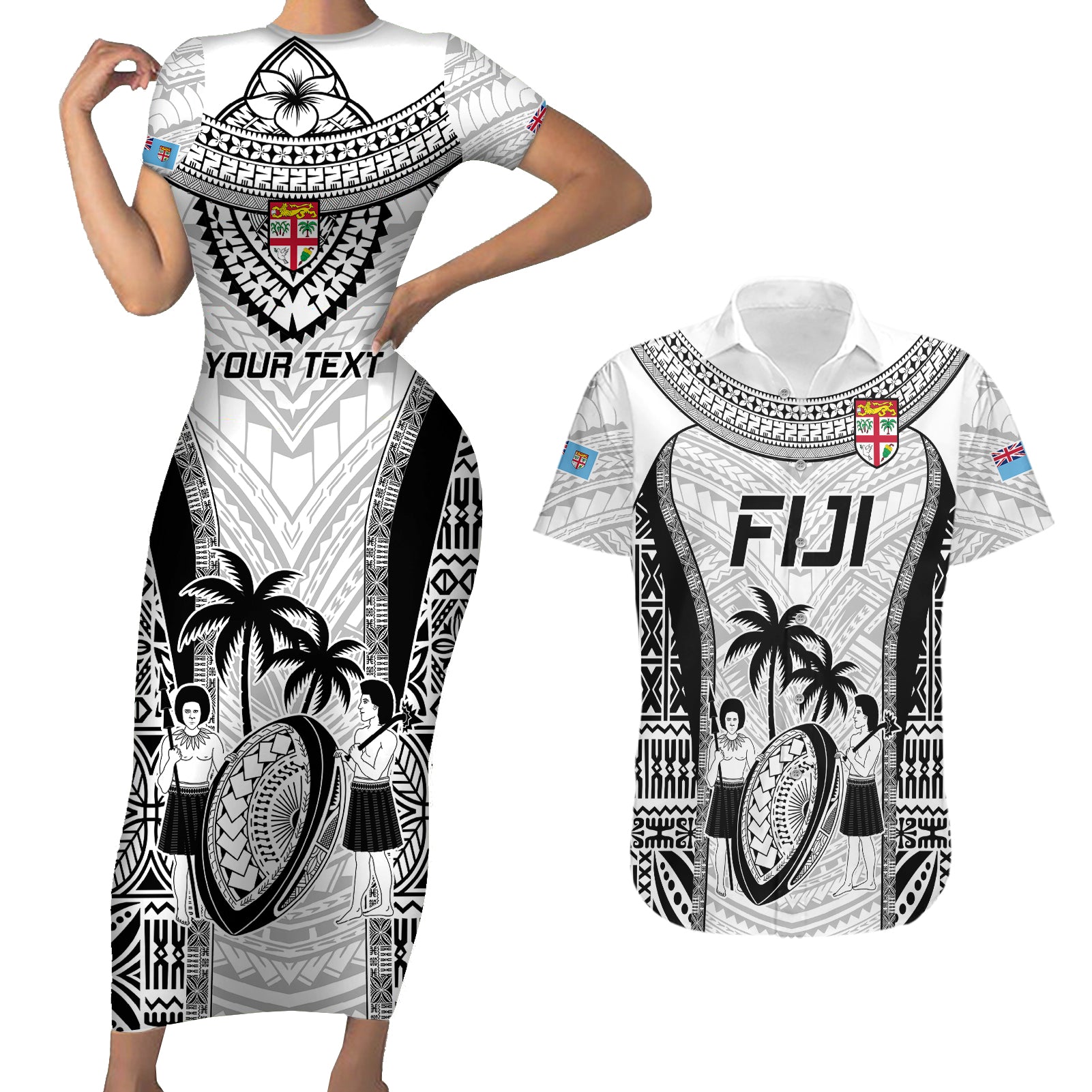 Custom Fiji Rugby Couples Matching Short Sleeve Bodycon Dress and Hawaiian Shirt Go Champions World Cup 2023 Tapa Unique White Vibe LT9 White - Polynesian Pride