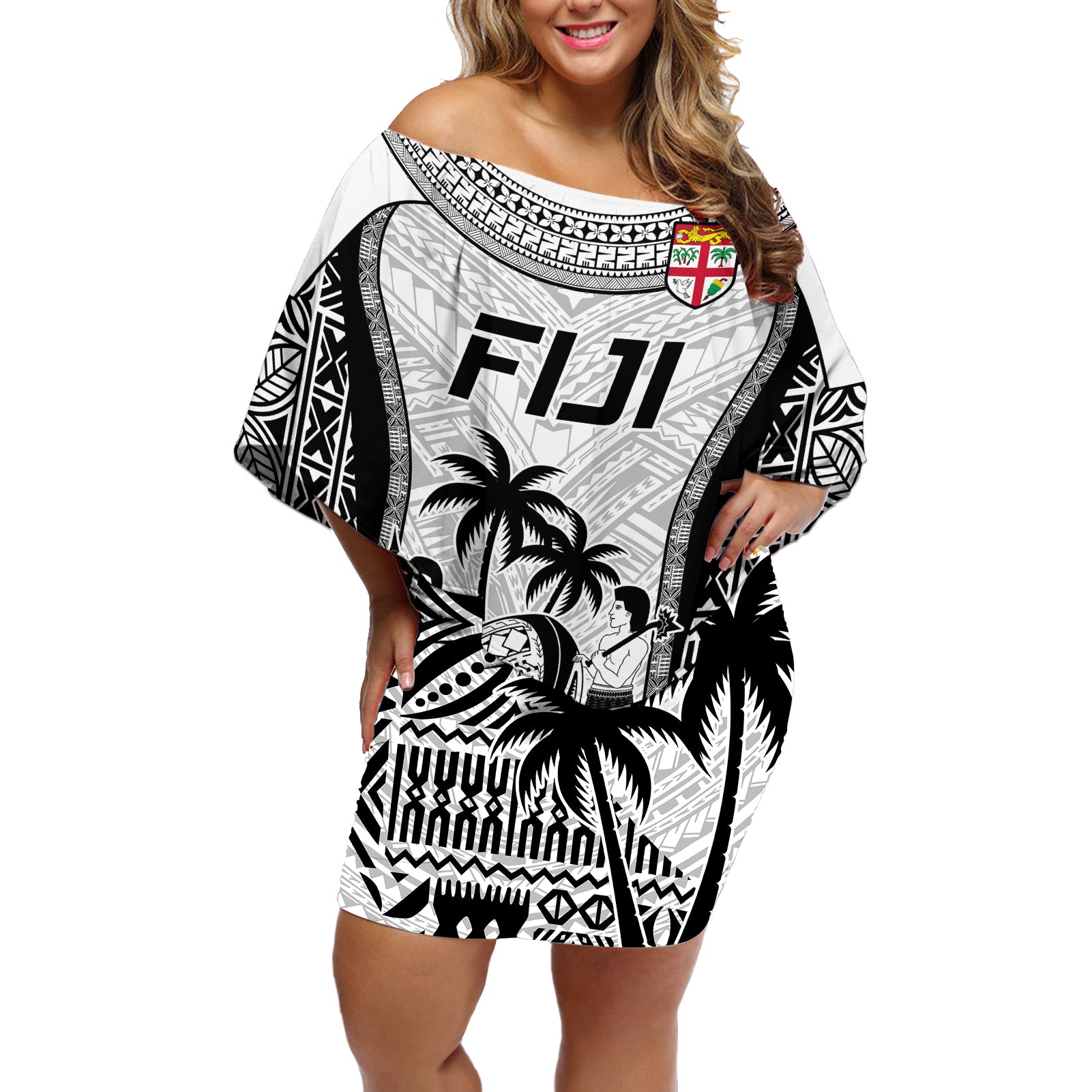 Custom Fiji Rugby Off Shoulder Short Dress Go Champions World Cup 2023 Tapa Unique White Vibe LT9 Women White - Polynesian Pride