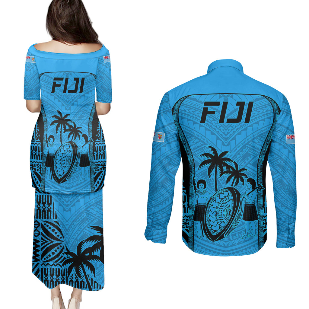 Fiji Rugby Couples Matching Puletasi Dress and Long Sleeve Button Shirts Go Champions World Cup 2023 Tapa Unique Blue Vibe LT9 - Polynesian Pride