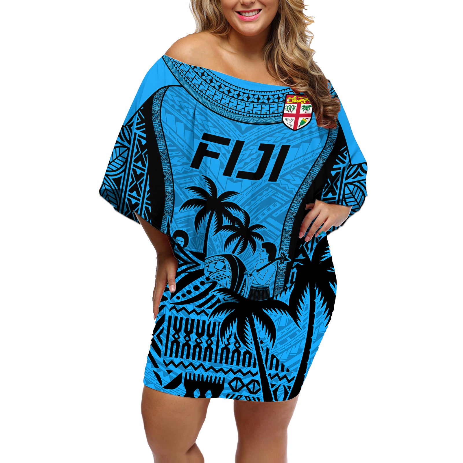 Fiji Rugby Off Shoulder Short Dress Go Champions World Cup 2023 Tapa Unique Blue Vibe LT9 Women Blue - Polynesian Pride