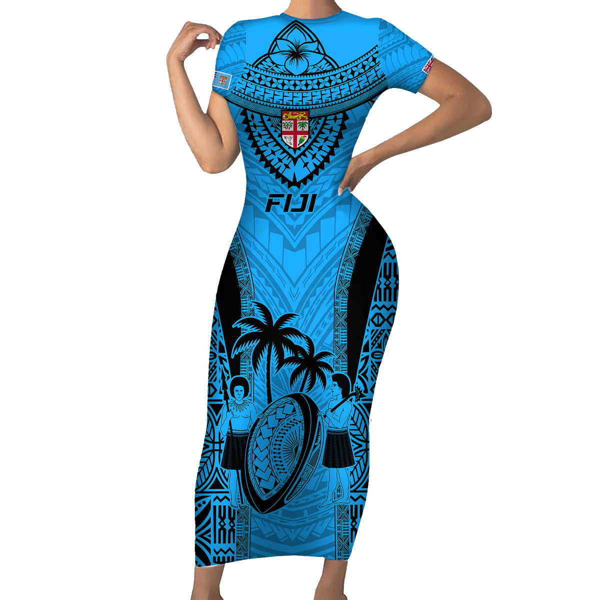 Fiji Rugby Short Sleeve Bodycon Dress Go Champions World Cup 2023 Tapa Unique Blue Vibe LT9 Long Dress Blue - Polynesian Pride