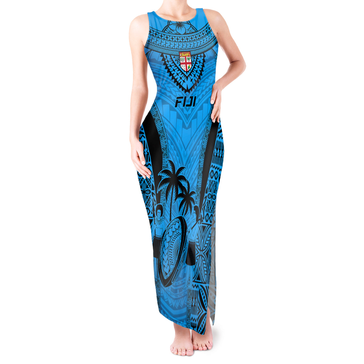 Fiji Rugby Tank Maxi Dress Go Champions World Cup 2023 Tapa Unique Blue Vibe LT9 Women Blue - Polynesian Pride