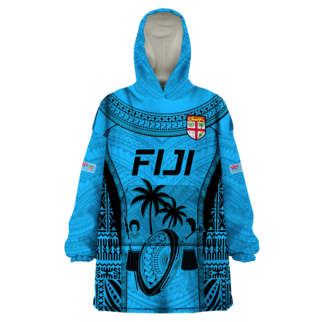 Fiji Rugby Wearable Blanket Hoodie Go Champions World Cup 2023 Tapa Unique Blue Vibe LT9 One Size Blue - Polynesian Pride