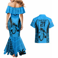 Custom Fiji Rugby Couples Matching Mermaid Dress and Hawaiian Shirt Go Champions World Cup 2023 Tapa Unique Blue Vibe LT9 - Polynesian Pride