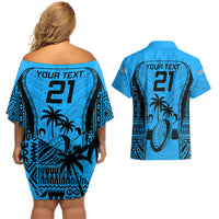 Custom Fiji Rugby Couples Matching Off Shoulder Short Dress and Hawaiian Shirt Go Champions World Cup 2023 Tapa Unique Blue Vibe LT9 - Polynesian Pride