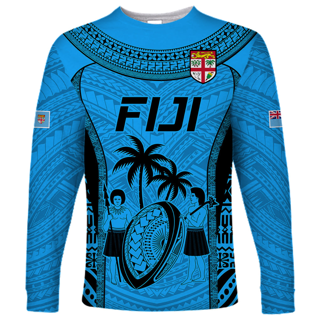 Custom Fiji Rugby Long Sleeve Shirt Go Champions World Cup 2023 Tapa Unique Blue Vibe LT9 Unisex Blue - Polynesian Pride