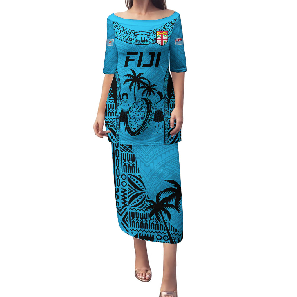 Custom Fiji Rugby Puletasi Go Champions World Cup 2023 Tapa Unique Blue Vibe LT9 Long Dress Blue - Polynesian Pride