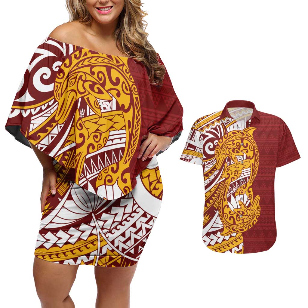 Couple Dolphins Maori Motif Couples Matching Off Shoulder Short Dress and Hawaiian Shirt - Polynesian Pride