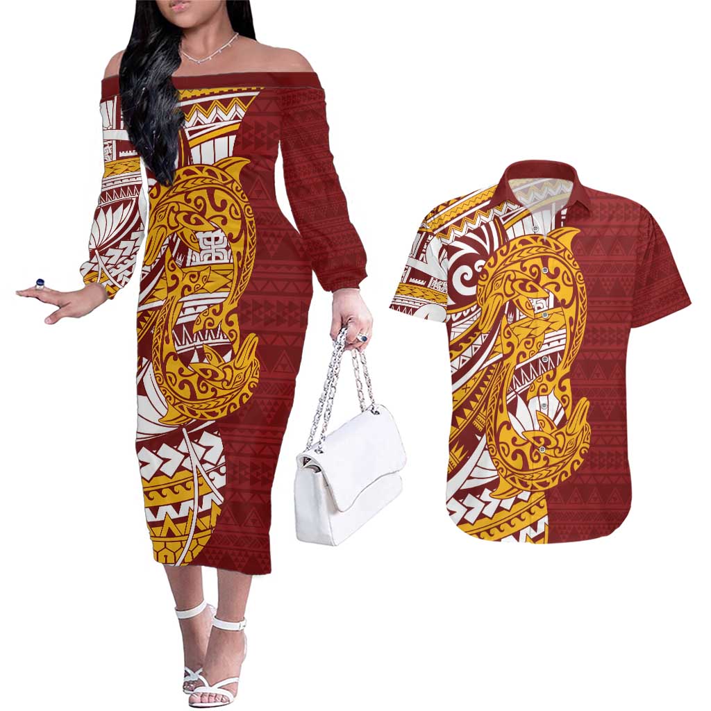 Couple Dolphins Maori Motif Couples Matching Off The Shoulder Long Sleeve Dress and Hawaiian Shirt - Polynesian Pride