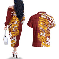 Couple Dolphins Maori Motif Couples Matching Off The Shoulder Long Sleeve Dress and Hawaiian Shirt - Polynesian Pride