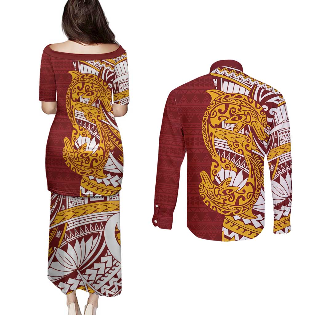 Couple Dolphins Maori Motif Couples Matching Puletasi and Long Sleeve Button Shirt - Polynesian Pride