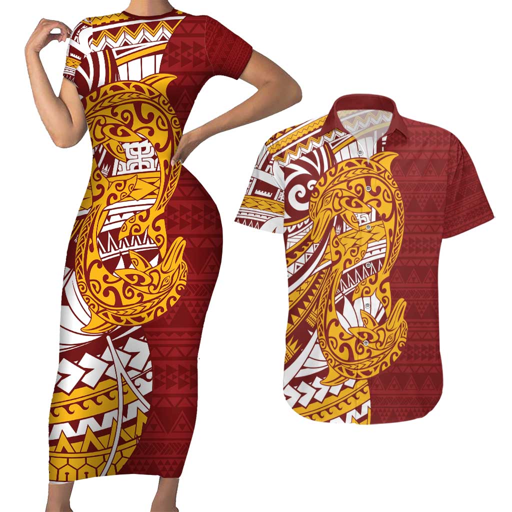Couple Dolphins Maori Motif Couples Matching Short Sleeve Bodycon Dress and Hawaiian Shirt - Polynesian Pride