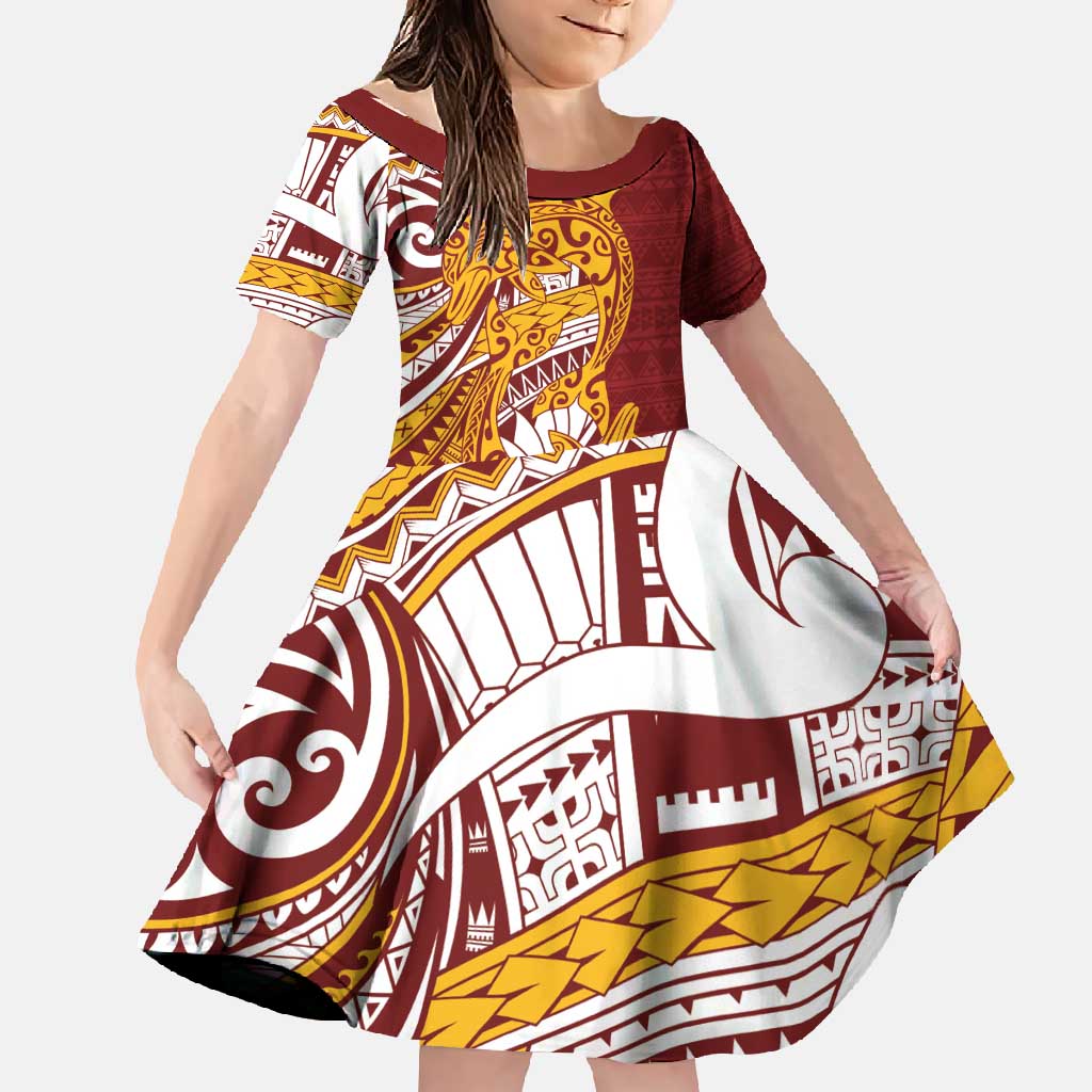 Couple Dolphins Maori Motif Family Matching Long Sleeve Bodycon Dress and Hawaiian Shirt LT9 Daughter's Dress Burgundy - Polynesian Pride