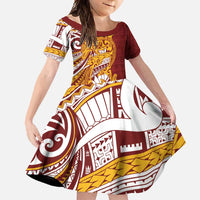 Couple Dolphins Maori Motif Family Matching Long Sleeve Bodycon Dress and Hawaiian Shirt LT9 Daughter's Dress Burgundy - Polynesian Pride
