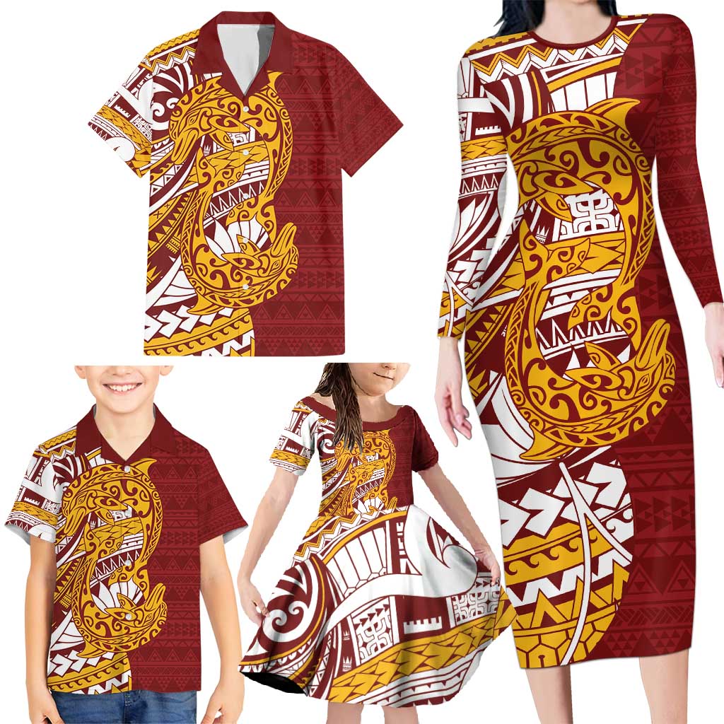 Couple Dolphins Maori Motif Family Matching Long Sleeve Bodycon Dress and Hawaiian Shirt LT9 - Polynesian Pride