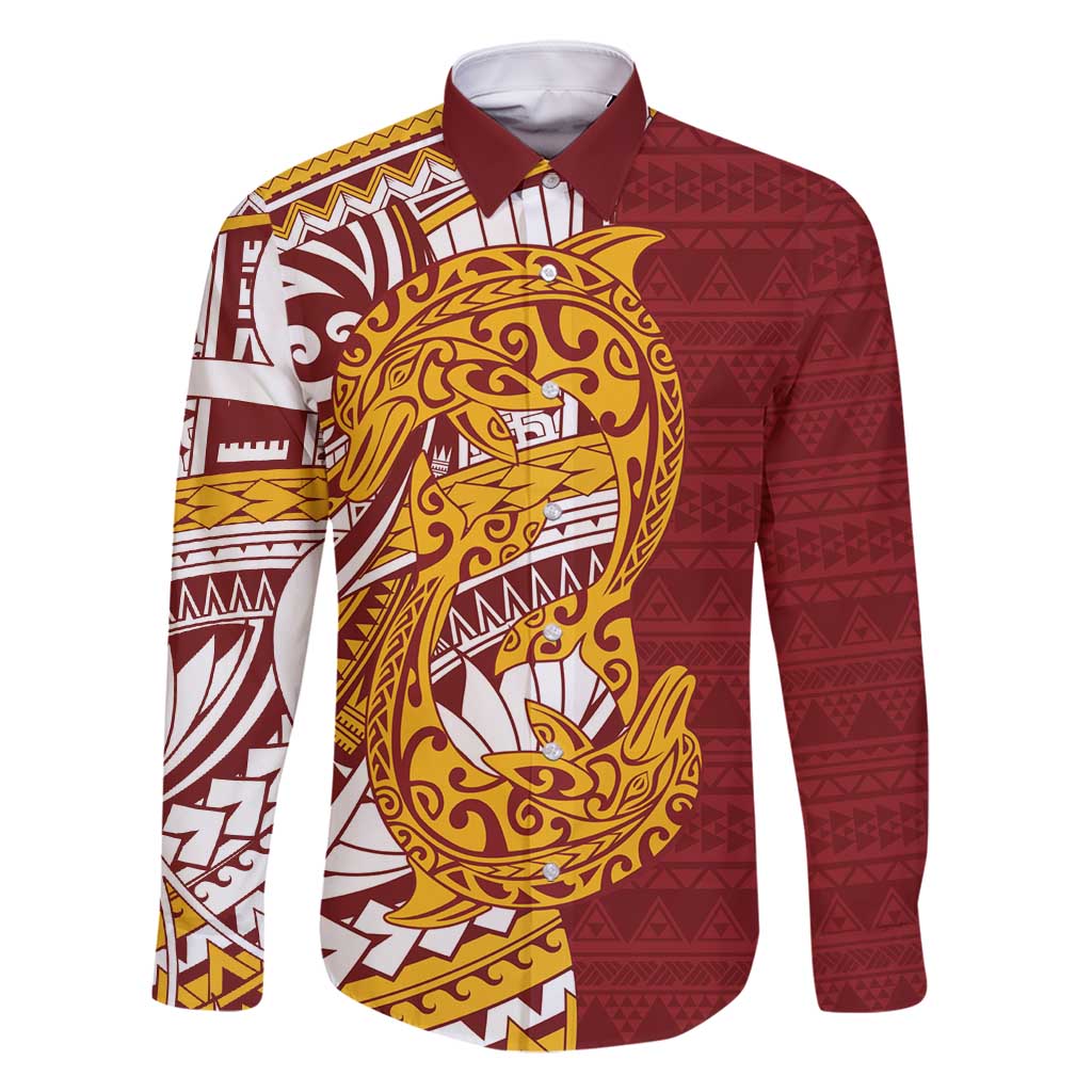Couple Dolphins Maori Motif Family Matching Long Sleeve Bodycon Dress and Hawaiian Shirt LT9 Dad's Shirt - Long Sleeve Burgundy - Polynesian Pride