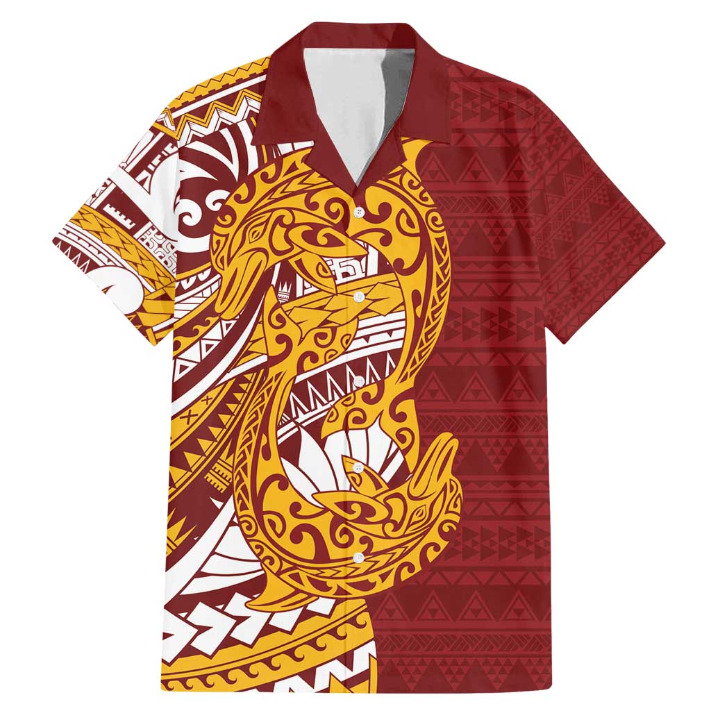 Couple Dolphins Maori Motif Family Matching Mermaid Dress and Hawaiian Shirt LT9 Dad's Shirt - Short Sleeve Burgundy - Polynesian Pride