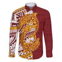 Couple Dolphins Maori Motif Family Matching Mermaid Dress and Hawaiian Shirt LT9 Dad's Shirt - Long Sleeve Burgundy - Polynesian Pride