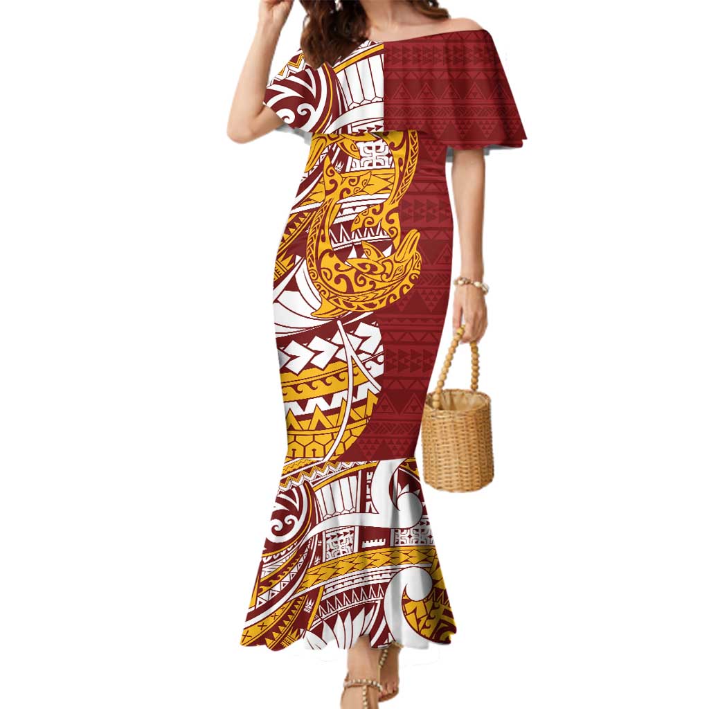 Couple Dolphins Maori Motif Family Matching Mermaid Dress and Hawaiian Shirt LT9 Mom's Dress Burgundy - Polynesian Pride