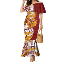 Couple Dolphins Maori Motif Family Matching Mermaid Dress and Hawaiian Shirt LT9 Mom's Dress Burgundy - Polynesian Pride
