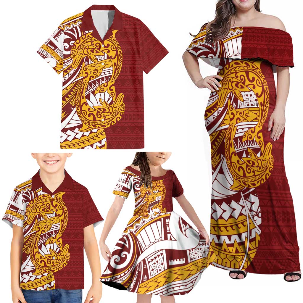 Couple Dolphins Maori Motif Family Matching Off Shoulder Maxi Dress and Hawaiian Shirt - Polynesian Pride