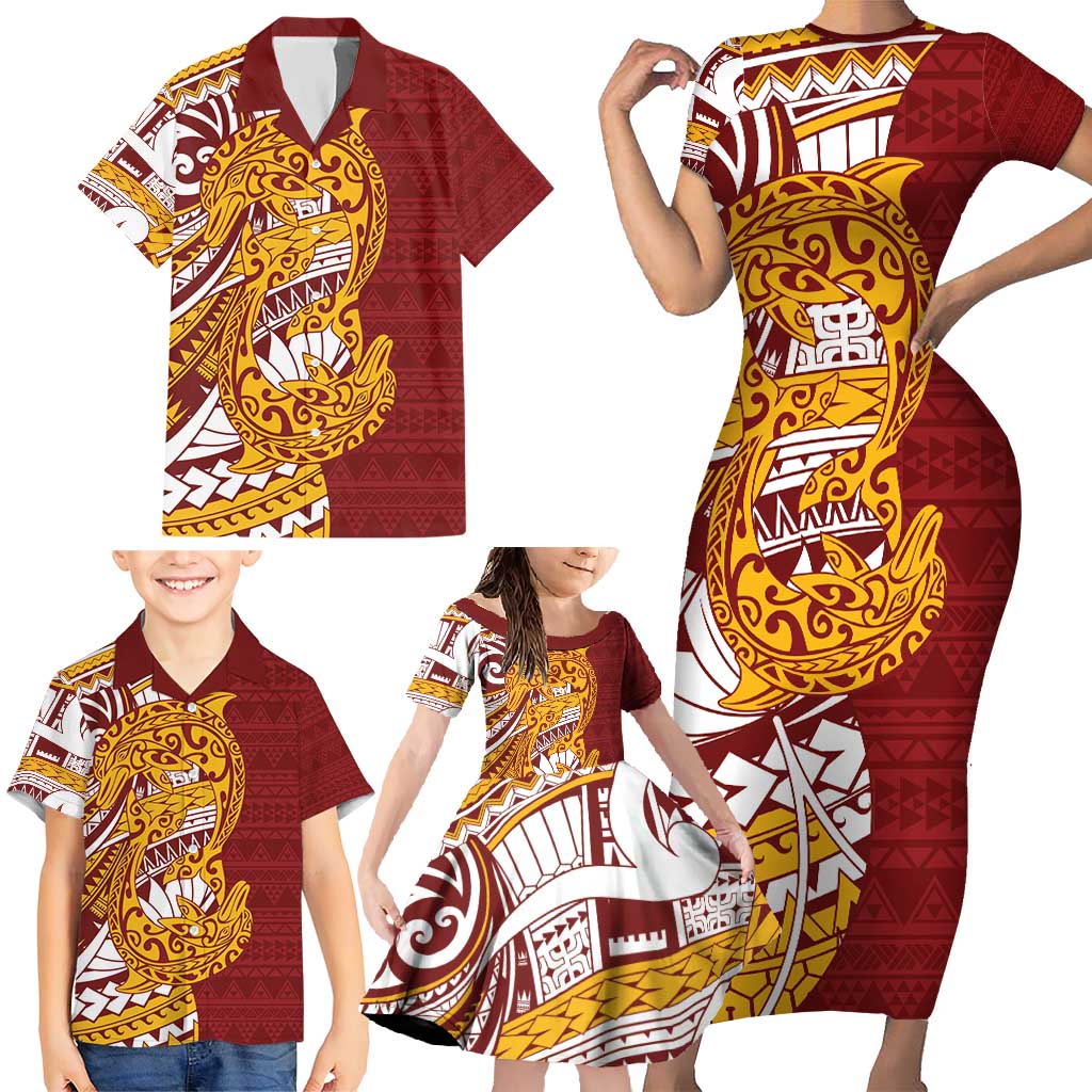 Couple Dolphins Maori Motif Family Matching Short Sleeve Bodycon Dress and Hawaiian Shirt LT9 - Polynesian Pride