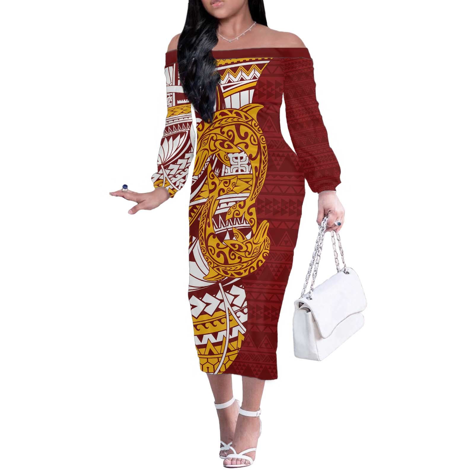Couple Dolphins Maori Motif Off The Shoulder Long Sleeve Dress - Polynesian Pride