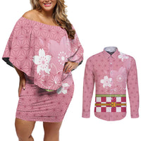Japanese Asanoha Pattern Couples Matching Off Shoulder Short Dress and Long Sleeve Button Shirt Charm Against Evil Spirits LT9 Pink - Polynesian Pride