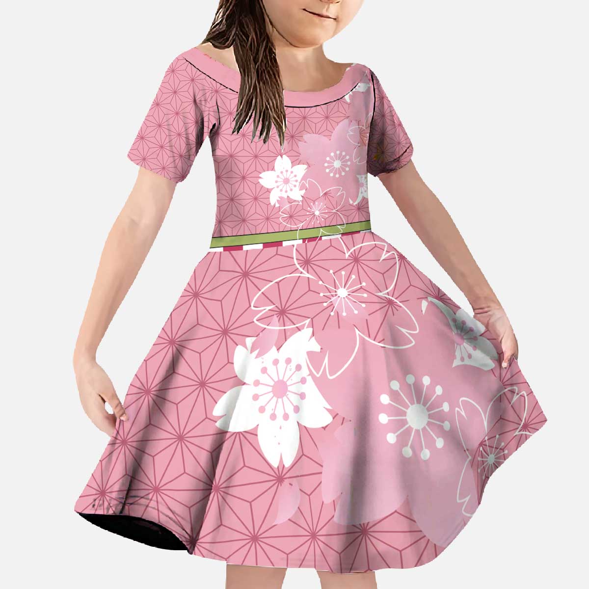 Japanese Asanoha Pattern Family Matching Off The Shoulder Long Sleeve Dress and Hawaiian Shirt Charm Against Evil Spirits - Polynesian Pride
