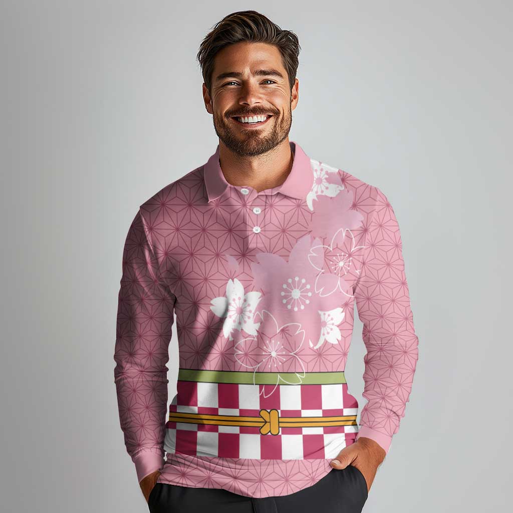 Japanese Asanoha Pattern Long Sleeve Polo Shirt Charm Against Evil Spirits - Polynesian Pride