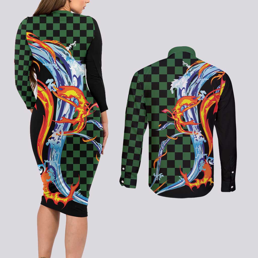 Japanese Asanoha Pattern Couples Matching Long Sleeve Bodycon Dress and Long Sleeve Button Shirt Sun Flame Slayer Dragon Hinokami Kagura Spirit LT9 - Polynesian Pride