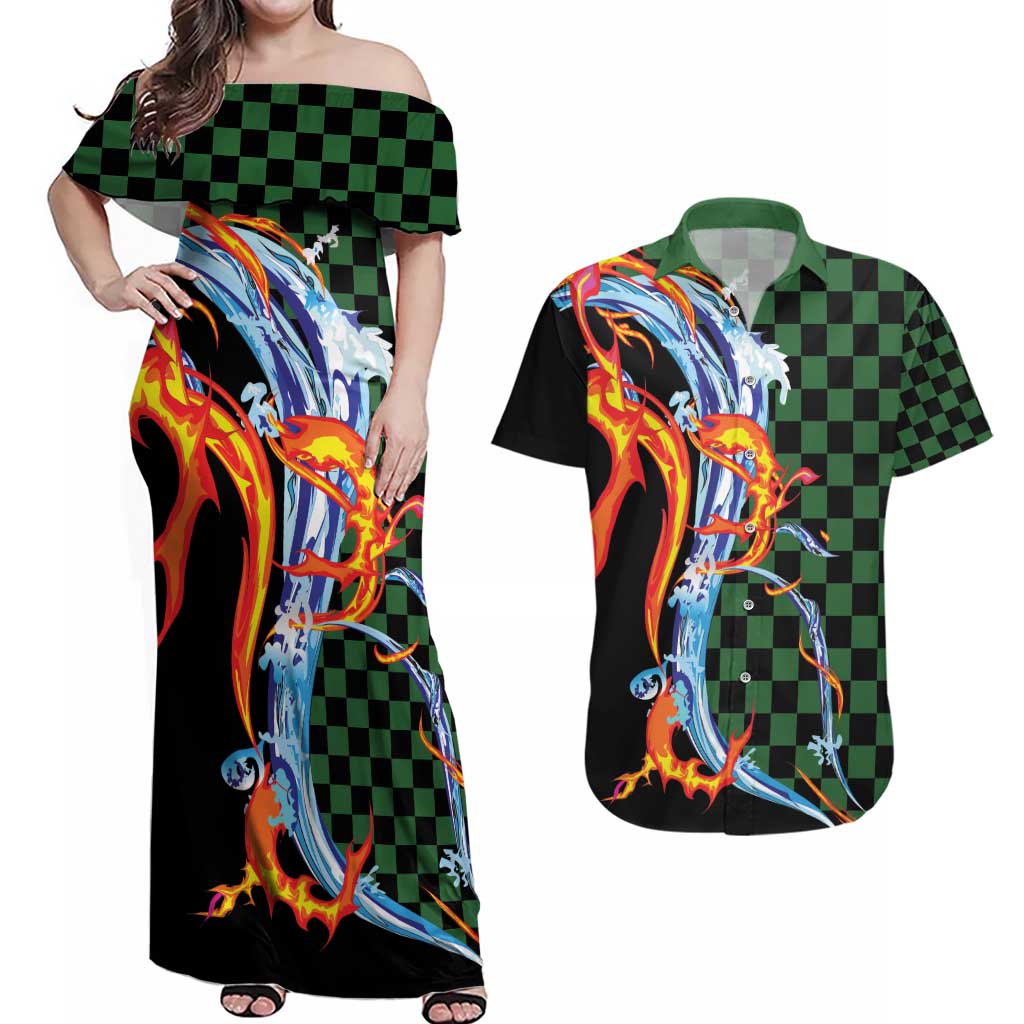 Japanese Asanoha Pattern Couples Matching Off Shoulder Maxi Dress and Hawaiian Shirt Sun Flame Slayer Dragon Hinokami Kagura Spirit - Polynesian Pride