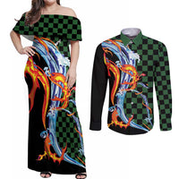 Japanese Asanoha Pattern Couples Matching Off Shoulder Maxi Dress and Long Sleeve Button Shirt Sun Flame Slayer Dragon Hinokami Kagura Spirit LT9 Green - Polynesian Pride
