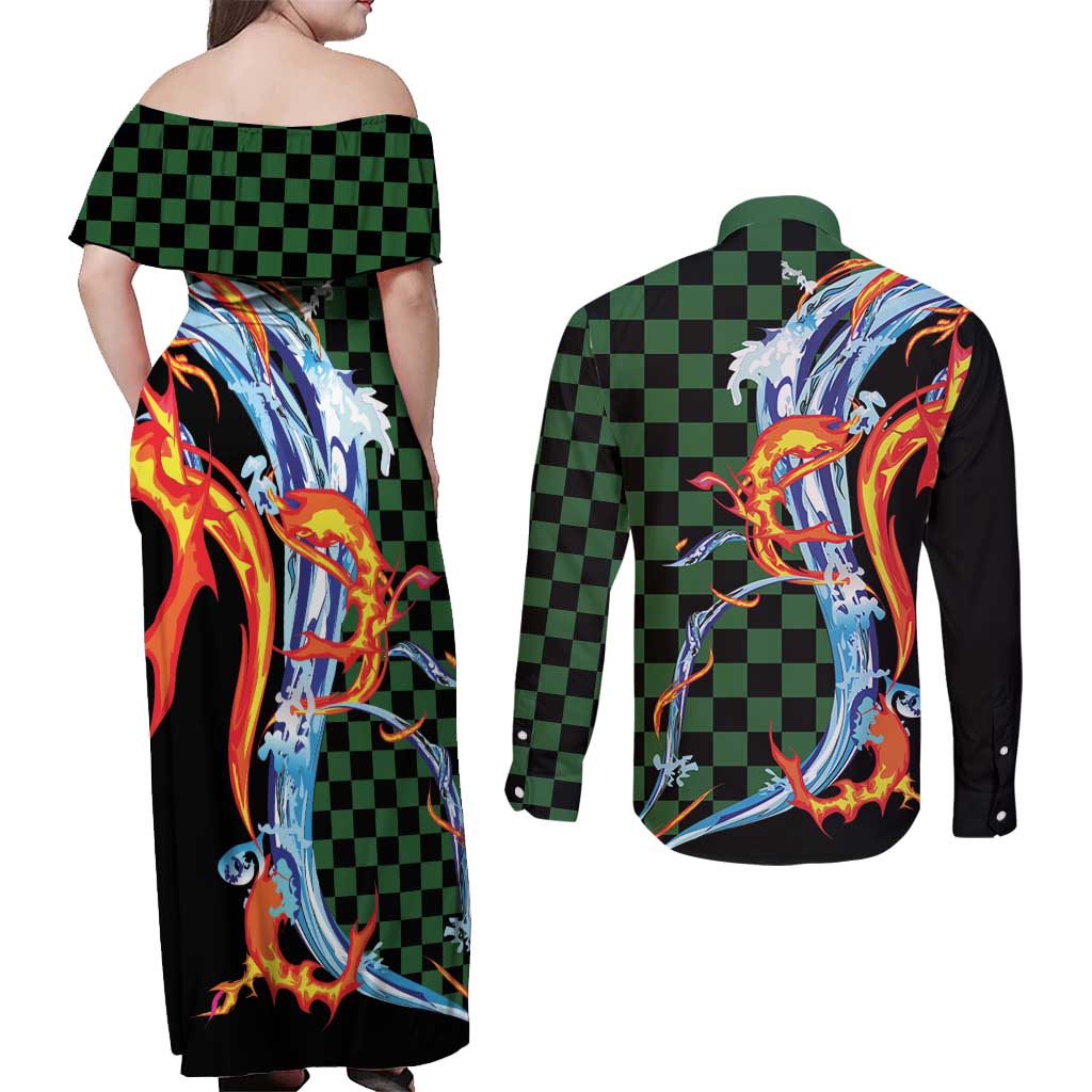 Japanese Asanoha Pattern Couples Matching Off Shoulder Maxi Dress and Long Sleeve Button Shirt Sun Flame Slayer Dragon Hinokami Kagura Spirit LT9 - Polynesian Pride