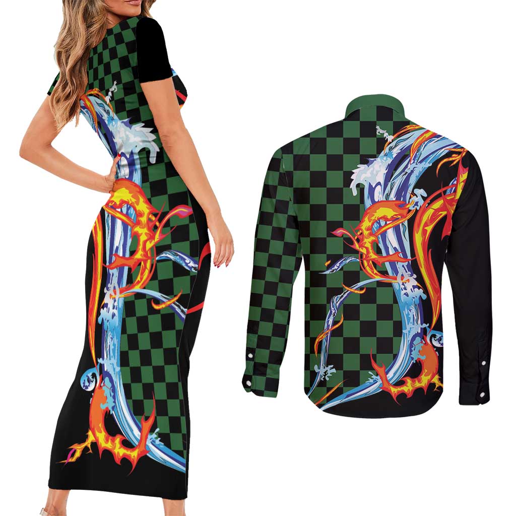Japanese Asanoha Pattern Couples Matching Short Sleeve Bodycon Dress and Long Sleeve Button Shirt Sun Flame Slayer Dragon Hinokami Kagura Spirit LT9 - Polynesian Pride