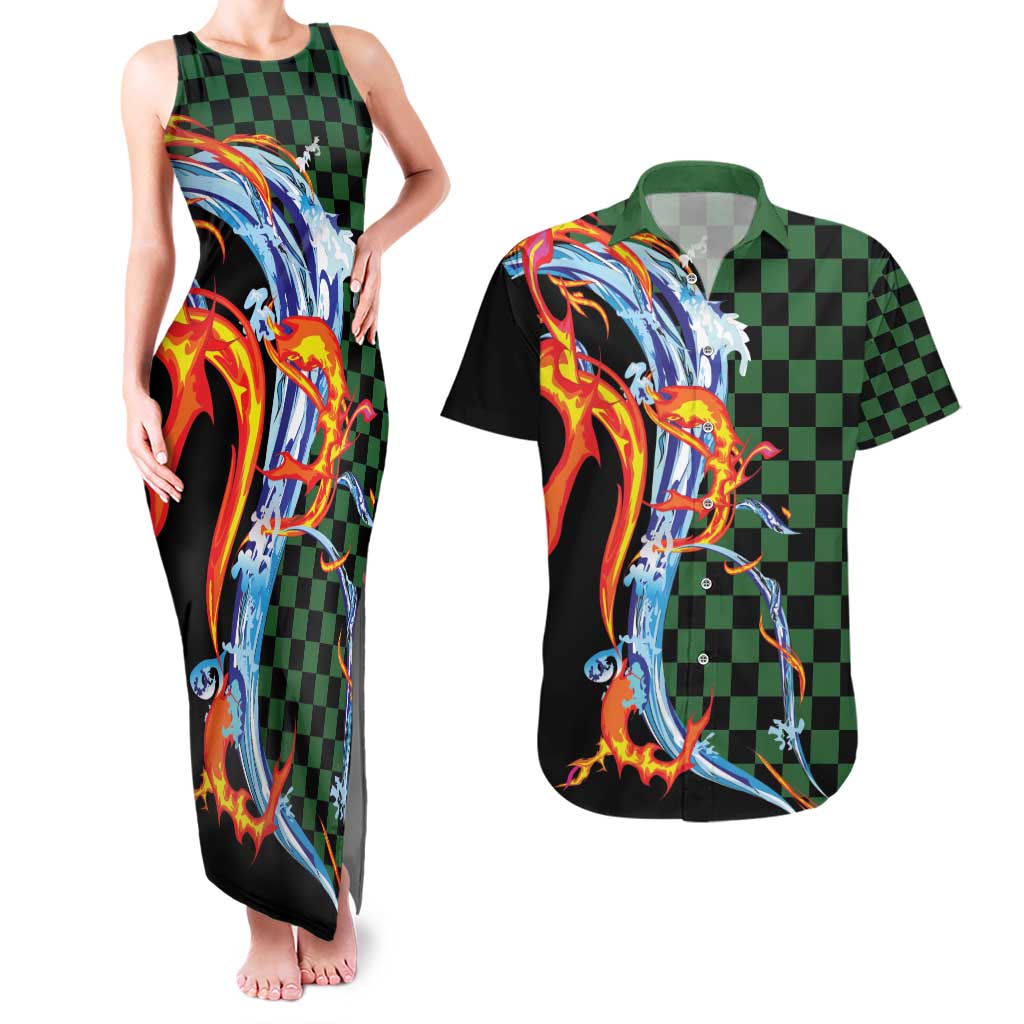 Japanese Asanoha Pattern Couples Matching Tank Maxi Dress and Hawaiian Shirt Sun Flame Slayer Dragon Hinokami Kagura Spirit - Polynesian Pride